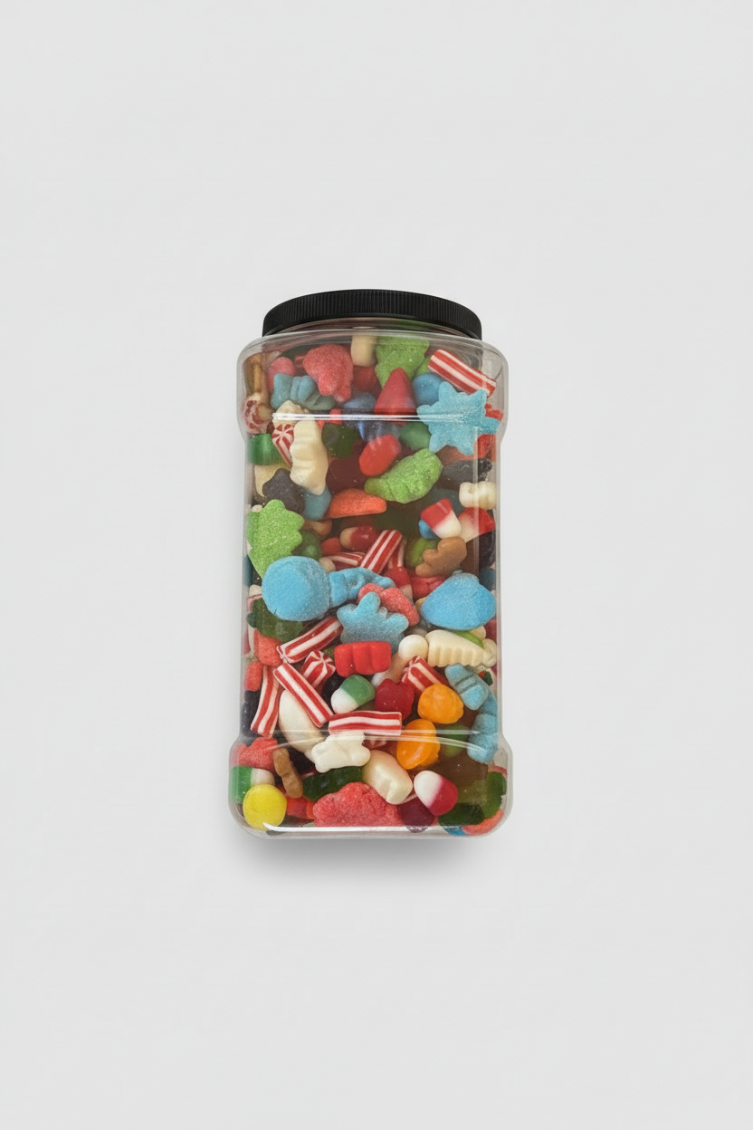 5 LB Gummy Mix Jar - Upright Black Lid Light Background