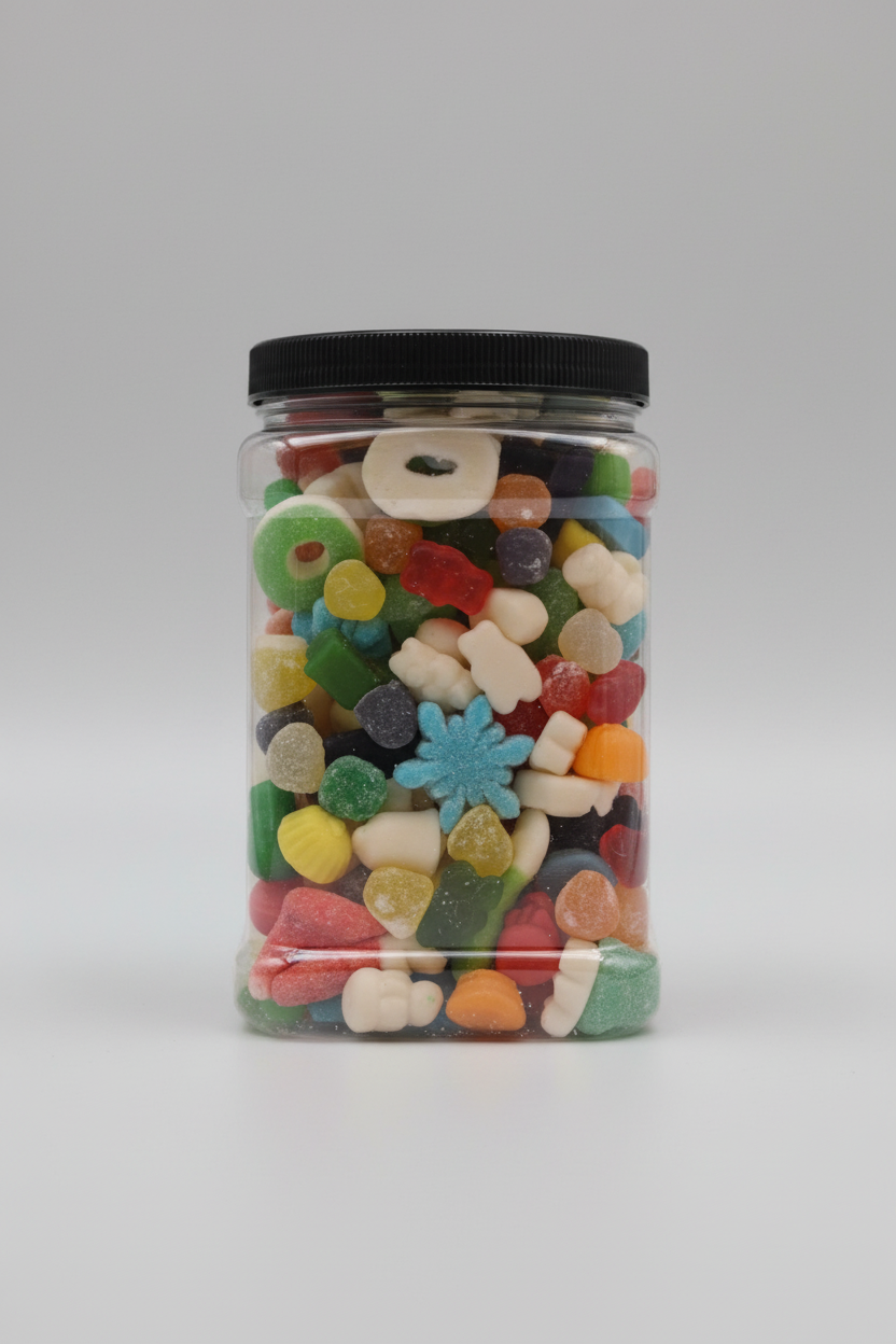 2 LB Gummy Mix Jar - Upright Black Lid Light Background