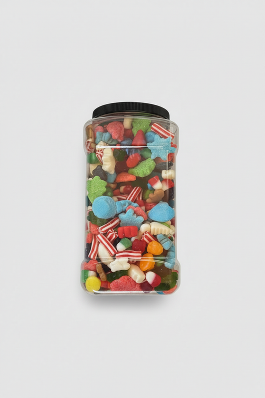 5 LB Gummy Mix Jar - Upright Black Lid Light Background