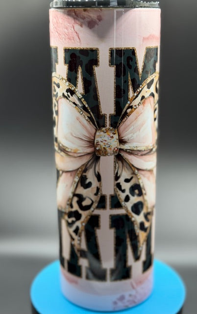 Stacked Mama with Pink Leopard Bow Sublimated 20 oz Stainless Steel Tumbler