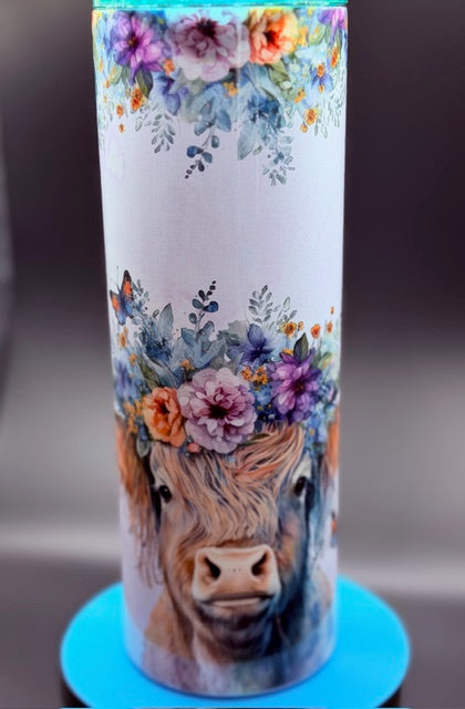 Highland Cow with Flowers Sublimated 20 oz Stainless Steel Tumbler