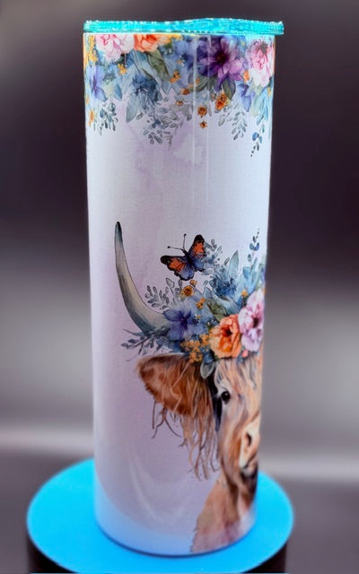 Highland Cow with Flowers Sublimated 20 oz Stainless Steel Tumbler