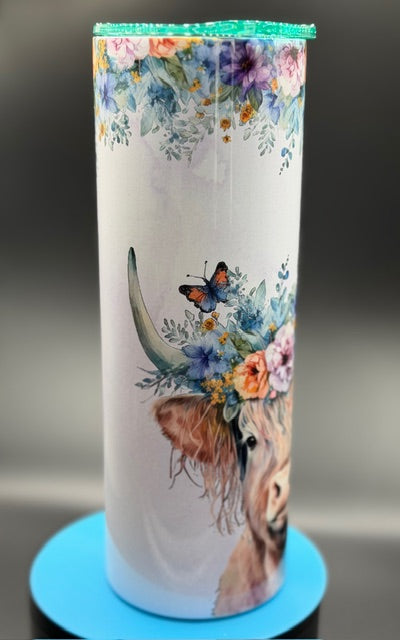 Highland Cow with Flowers Sublimated 20 oz Stainless Steel Tumbler