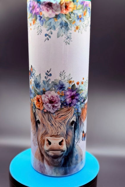 Highland Cow with Flowers Sublimated 20 oz Stainless Steel Tumbler