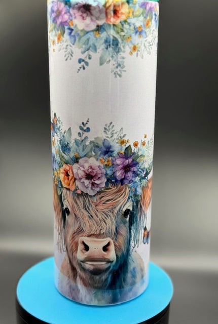Highland Cow with Flowers Sublimated 20 oz Stainless Steel Tumbler