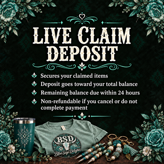 Live Claim Deposit in dark teal floral branding with BSD T-shirt, tumbler, beaded pens and keychains