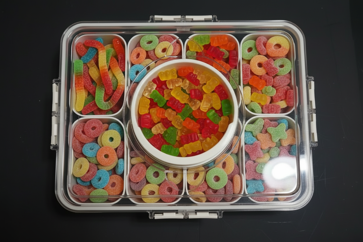 4 LB Gummy Pick & Mix Snackle Box with compartments filled with colorful assorted gummies including gummy bears in the center section, on a dark background