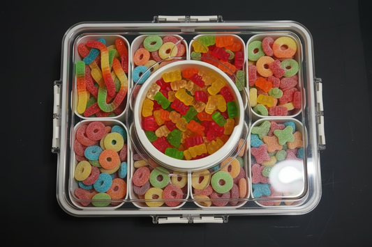 4 LB Gummy Pick & Mix Snackle Box with compartments filled with colorful assorted gummies including gummy bears in the center section, on a dark background